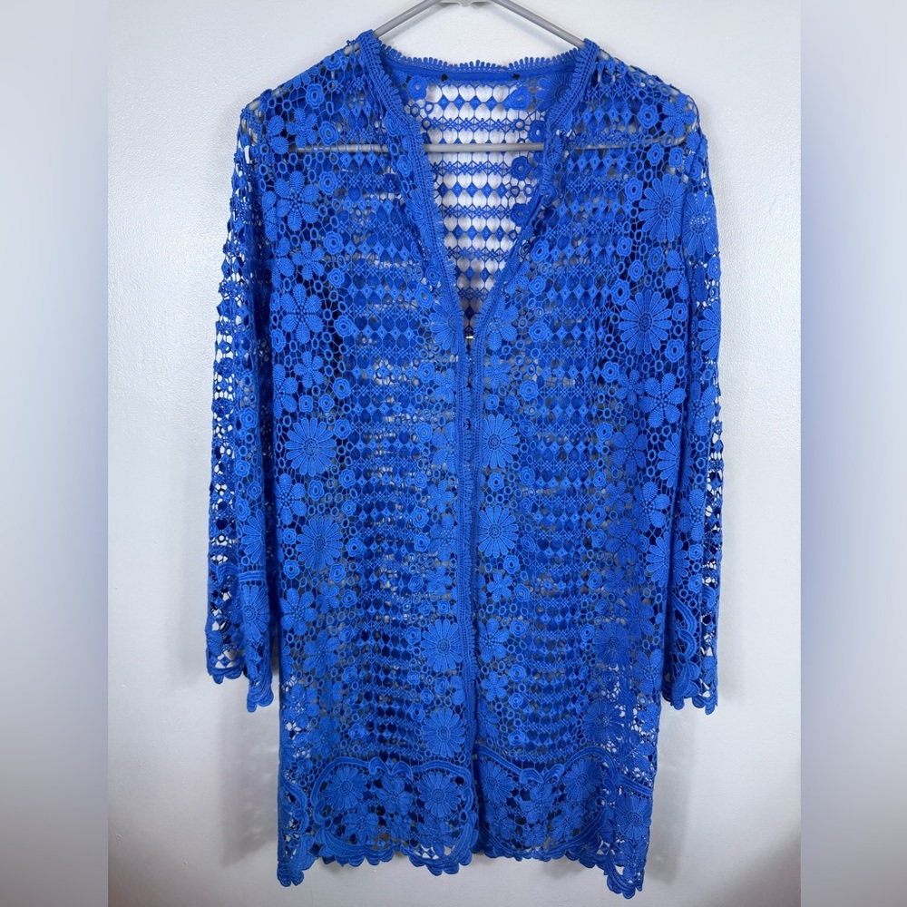 Crochet Womens Longline‎ Top Cardigan Lace Blue Medium Hook Closure Excellent